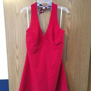 Red/blue floral reversible halter dress swim